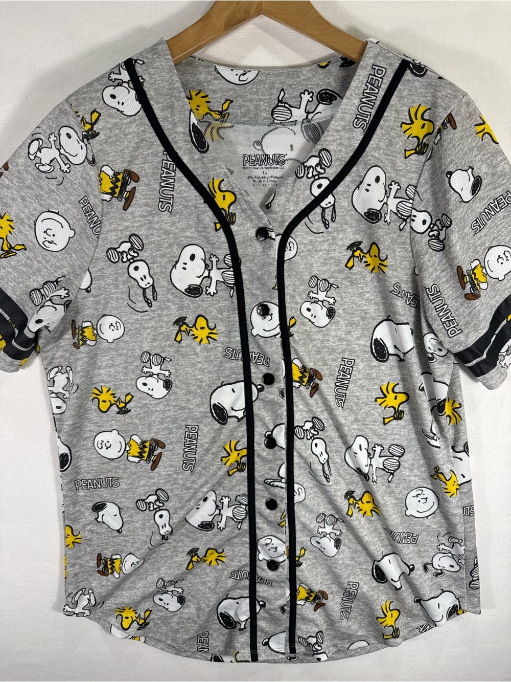Peanuts Grey Baseball-Style Snoopy & Woodstock Button-Up Tee
